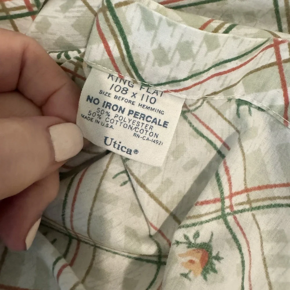 VTG‎ 80s Utica flat sheet King orange green flowers cotton blend no iron percale